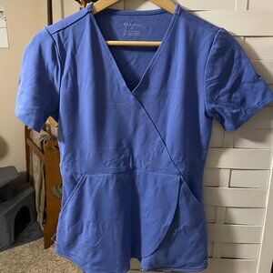 Blue Jaanuu Faux Wrap Peplum Scrub Top